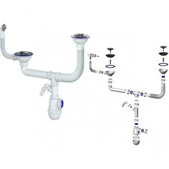 Сифон двойной GRANULA GRAND+ 3 1/2" телескопическая труба с поворотной чашей, круглый перелив, отвод (СН 3143-11-40)